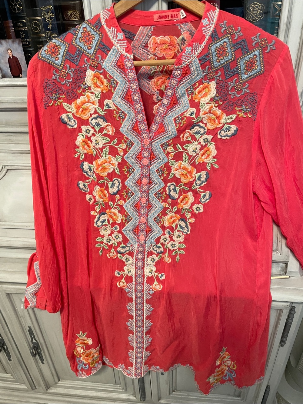 Johnny Was Coral Red Floral Embroidered Tunic